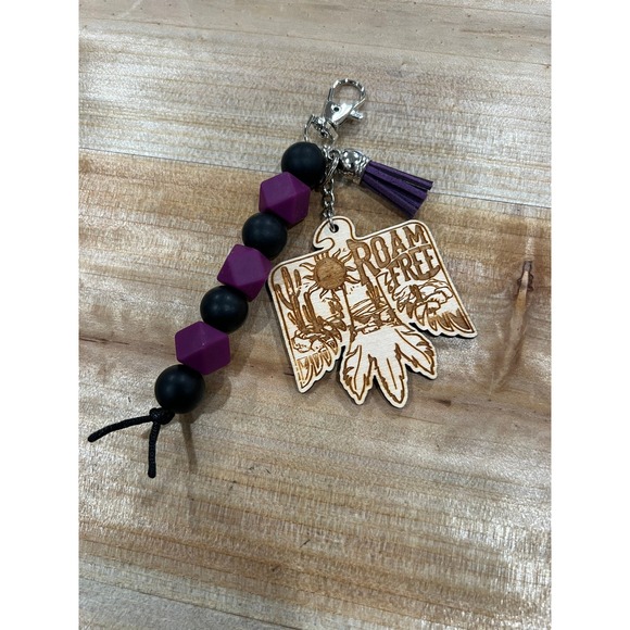 Roam Free Purple and Black Silicone Bead Lobster Clasp Keychain Purse Charm Wood - Picture 1 of 1